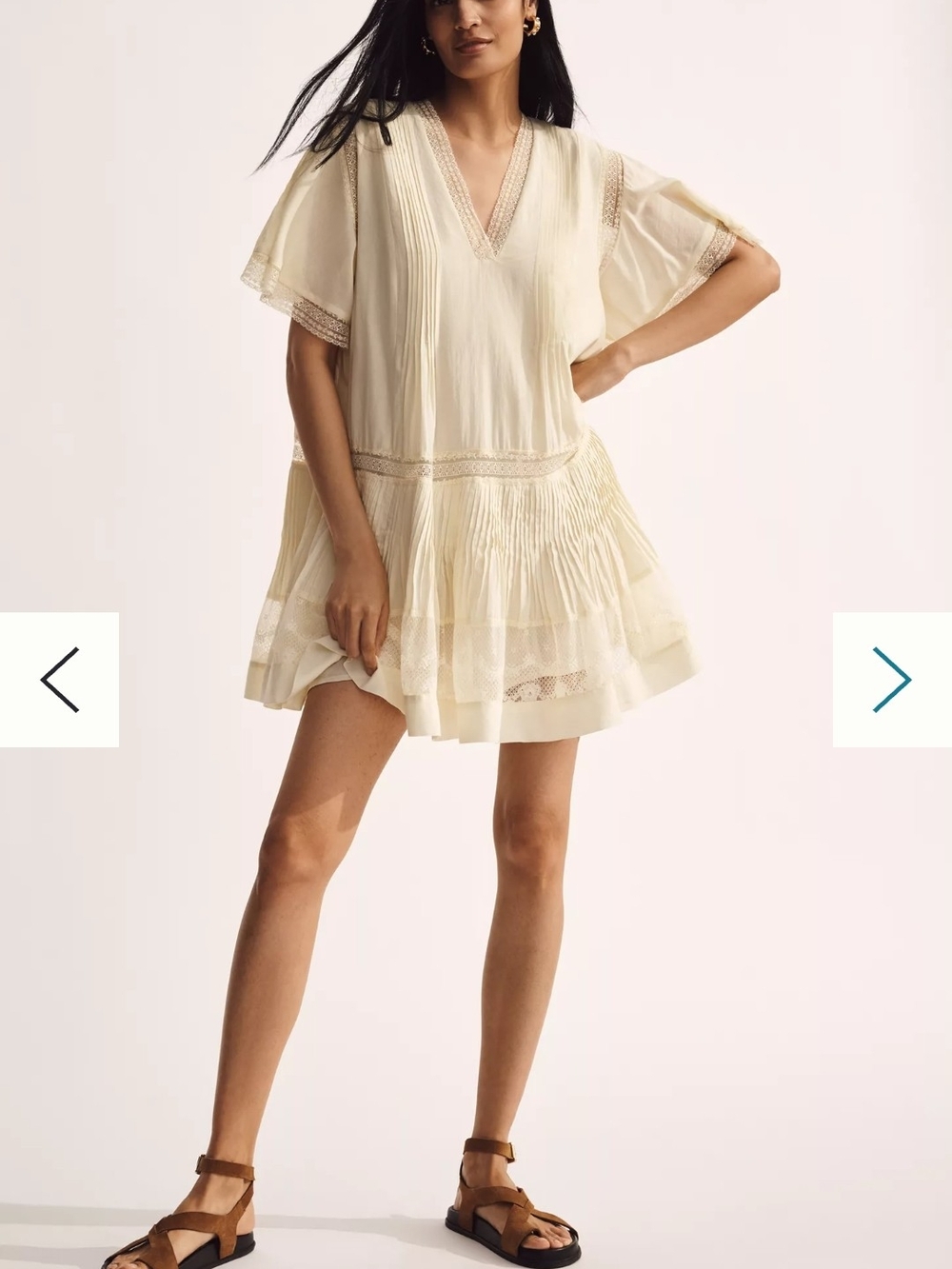 Maeve Short Sleeve Pale Yellow Cotton V-Neck Pintuck Swing Tunic Dress Page Sz L - Picture 15 of 15